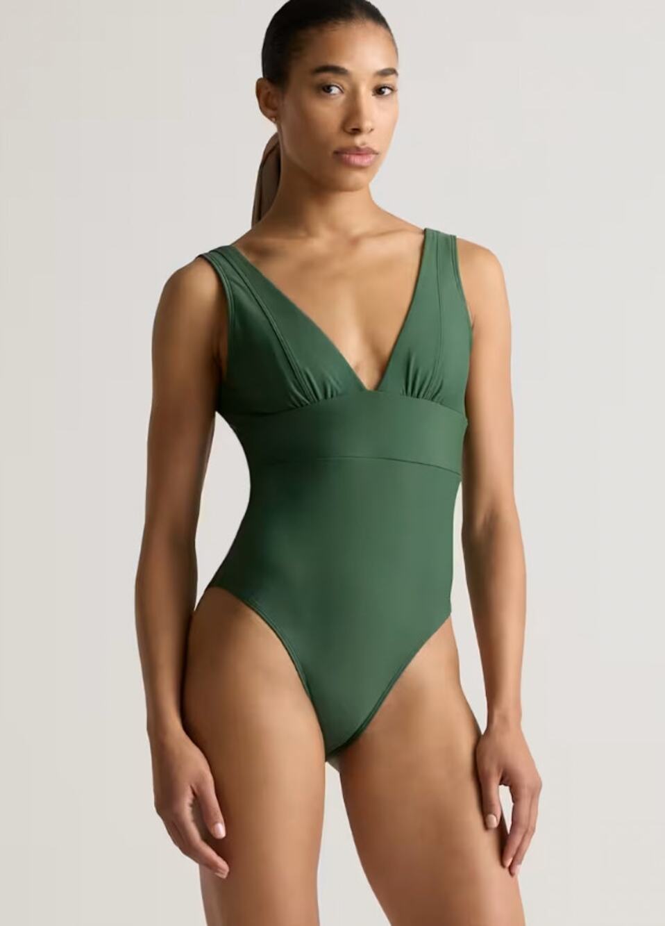 NEW Quince Italian Plunge One Piece Swimsuit Bathingsuit Deep Green V Neck Wom S